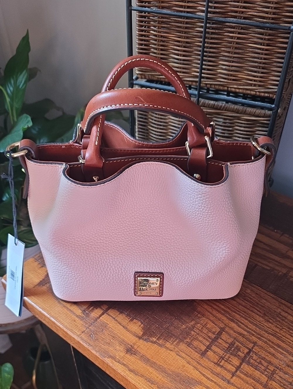 Dooney & Bourke Mini Barlow Blush Pebbled Leather Satchel with Brown Trim